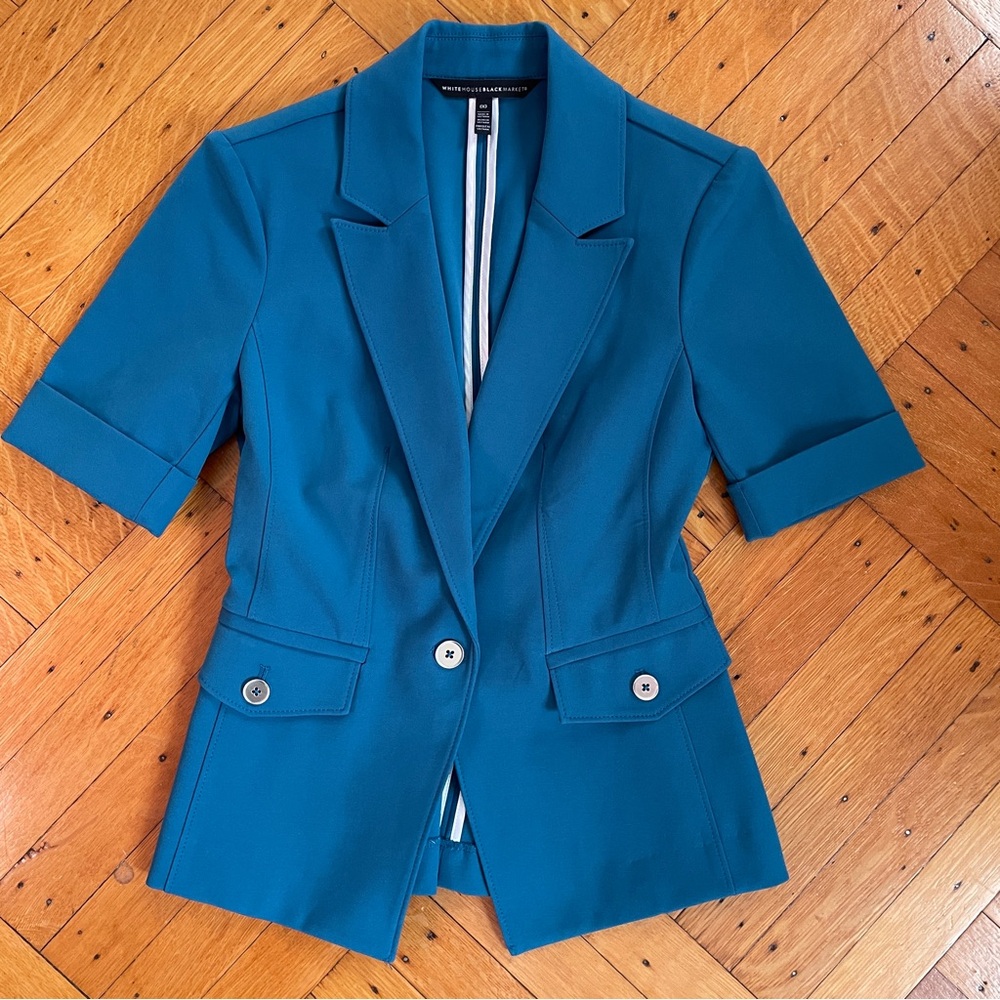 WHBM Turquoise Short Sleeved Blazer and Pencil Skirt Suit SZ 00 - Picture 2 of 11